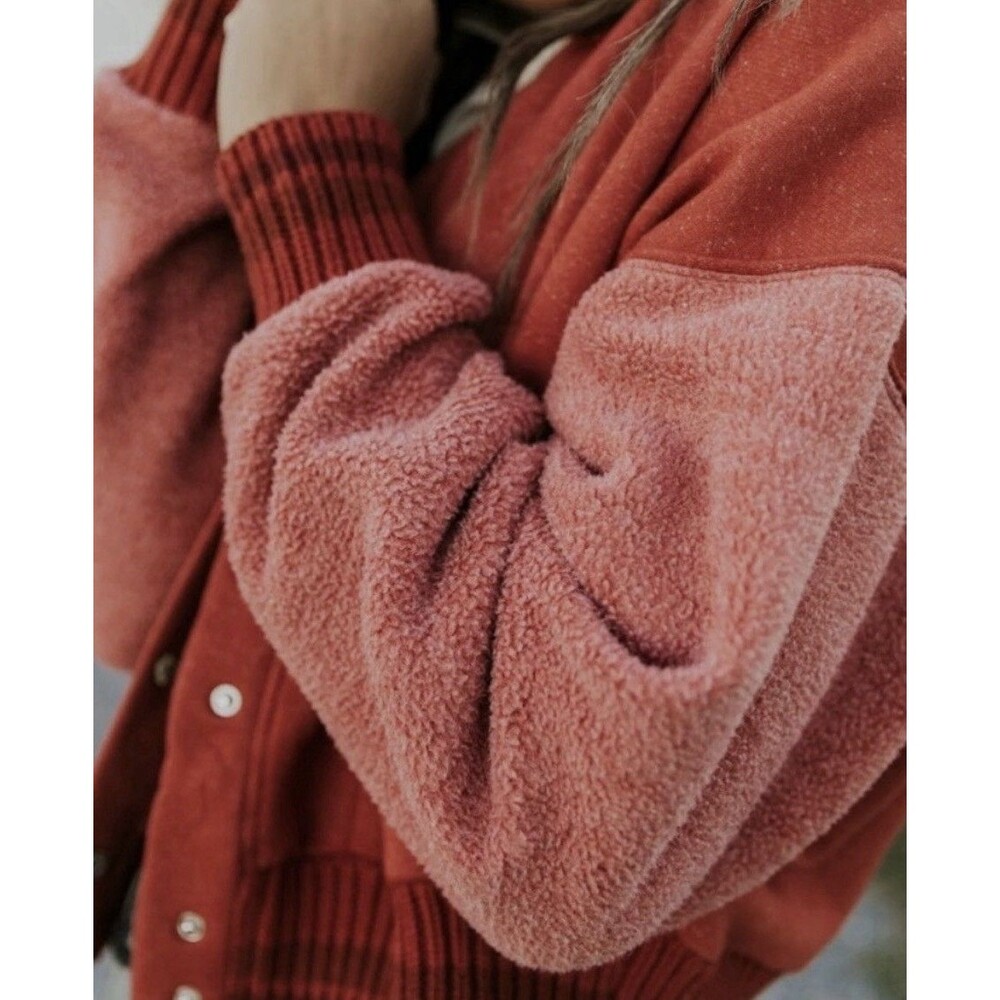 Free People Hollaback Bomber Jacket Snap Front Orange Spiced Brandy Sherpa Large - Picture 11 of 16